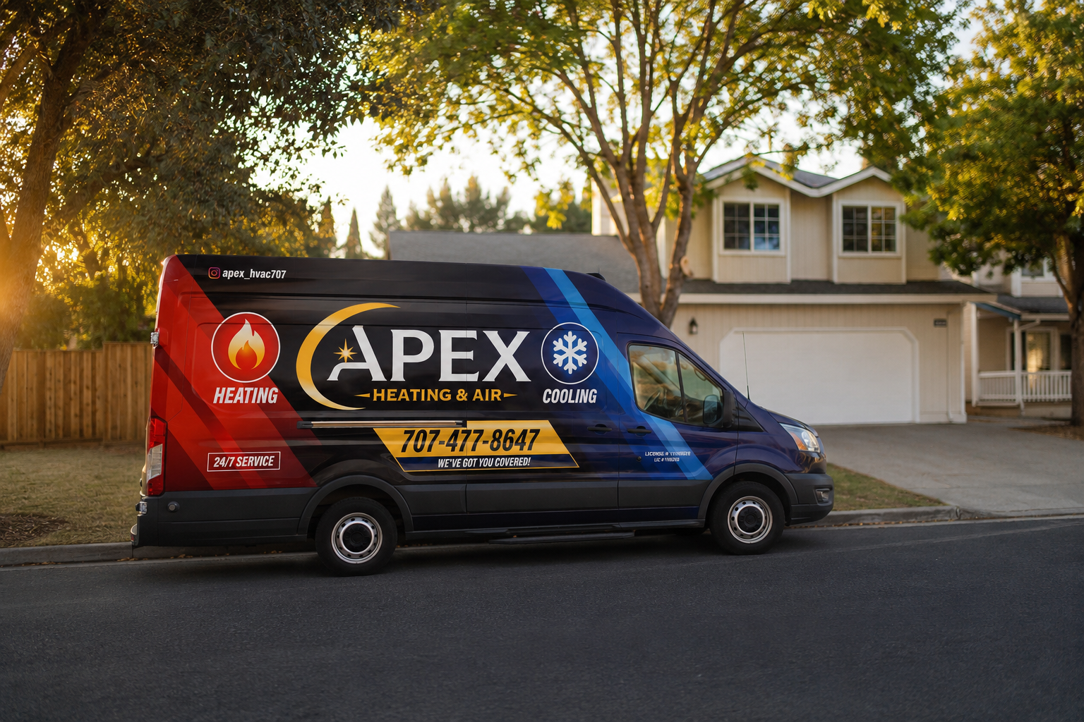 Apex Heating and Air service van parked outside a Santa Rosa home